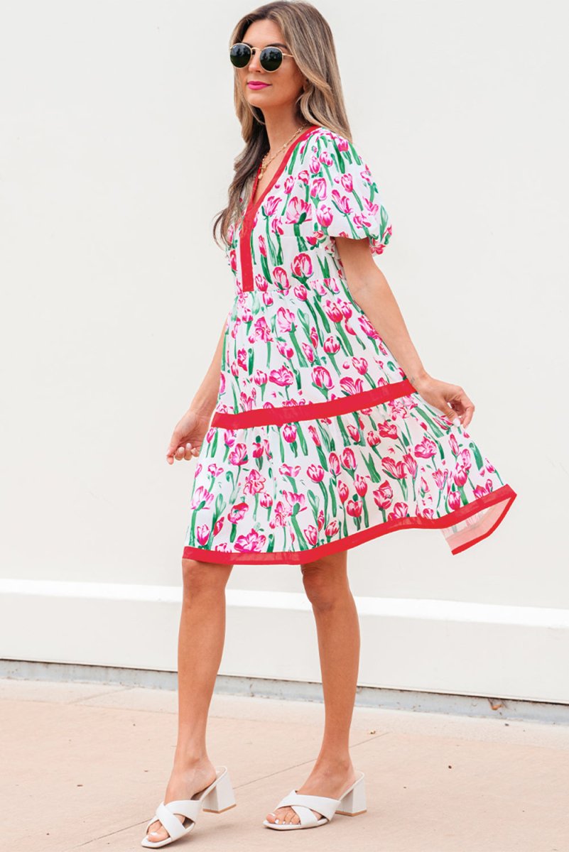 Pink Floral Print Contrast Trim V Neck Bubble Short Sleeve Babydoll Dress - Love Salve